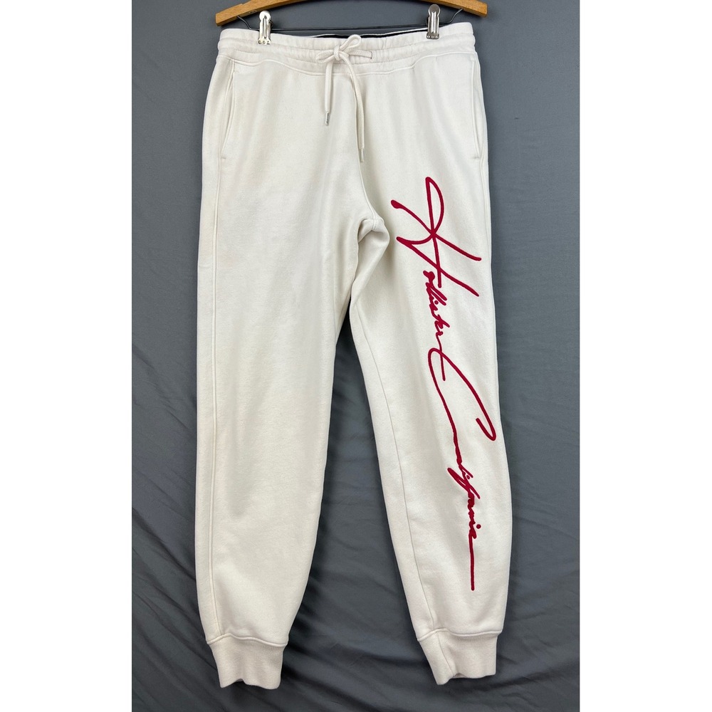 Hollister Jogger Sweatpants Womens Medium Cream Red Script Logo Fleece Good